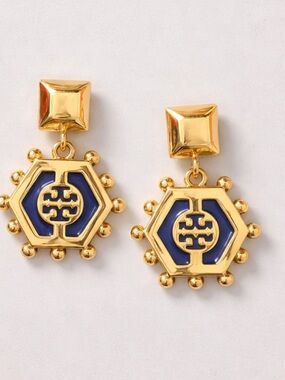 Tory Burch Gold and Navy Hexagon Logo Drop Earrings with Stud Top